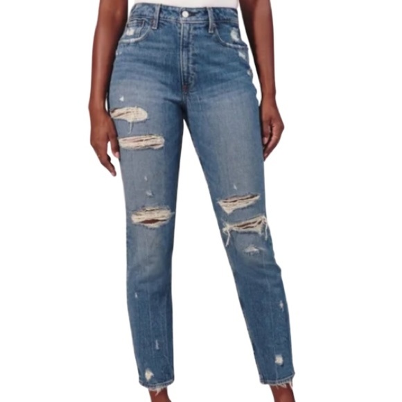 Abercrombie & Fitch Curve Love High Rise Mom Jean Blue Medium Wash Distressed 28 - Picture 1 of 11